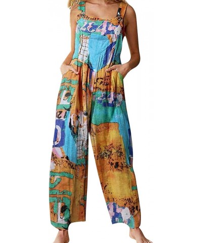 Women Summer Baggy Ethnic 90s Retro Sling Jumpsuits Sleeveless Boho Hippies Wide Leg Buttons Harem Pant Romper A Yellow $9.34...