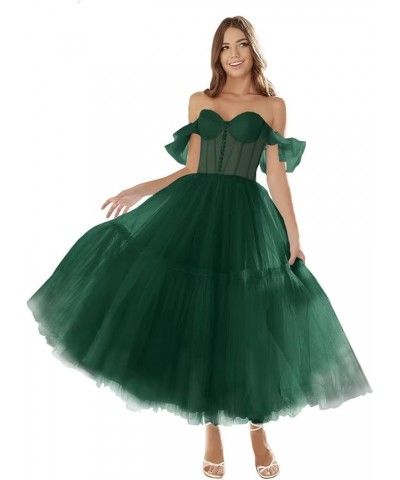 Off Shoulder Tulle Prom Dresses for Women Sweetheart Tea Length A Line Ball Gown Formal Evening Party Dress Hunter Green $29....