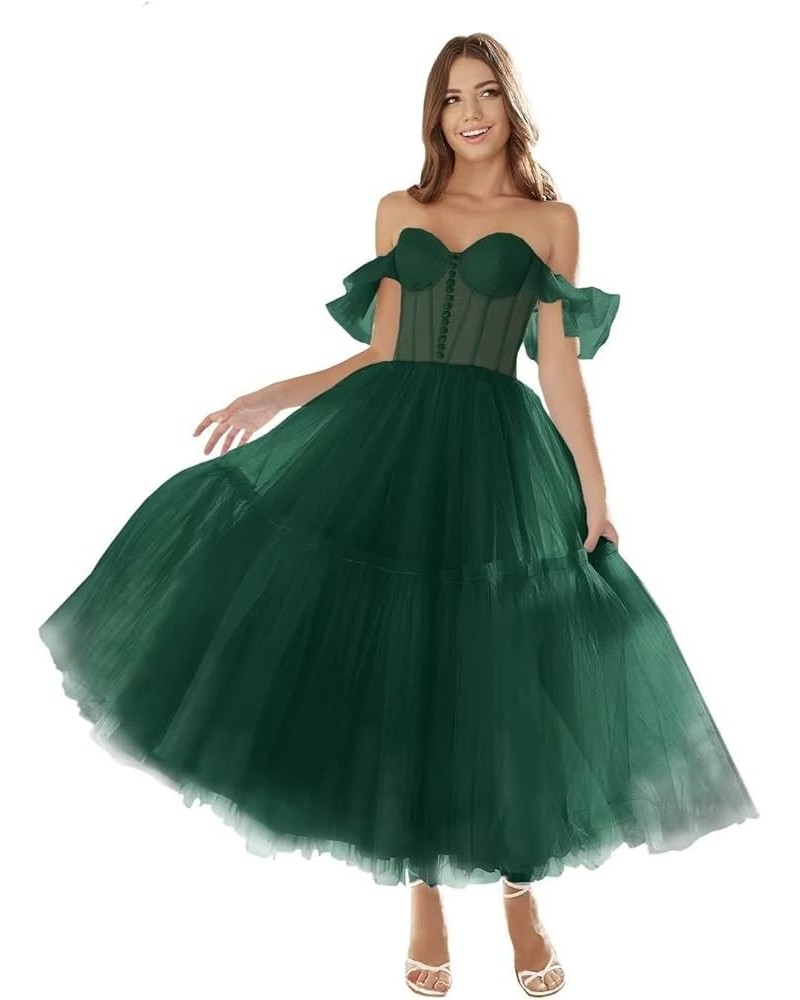 Off Shoulder Tulle Prom Dresses for Women Sweetheart Tea Length A Line Ball Gown Formal Evening Party Dress Hunter Green $29....