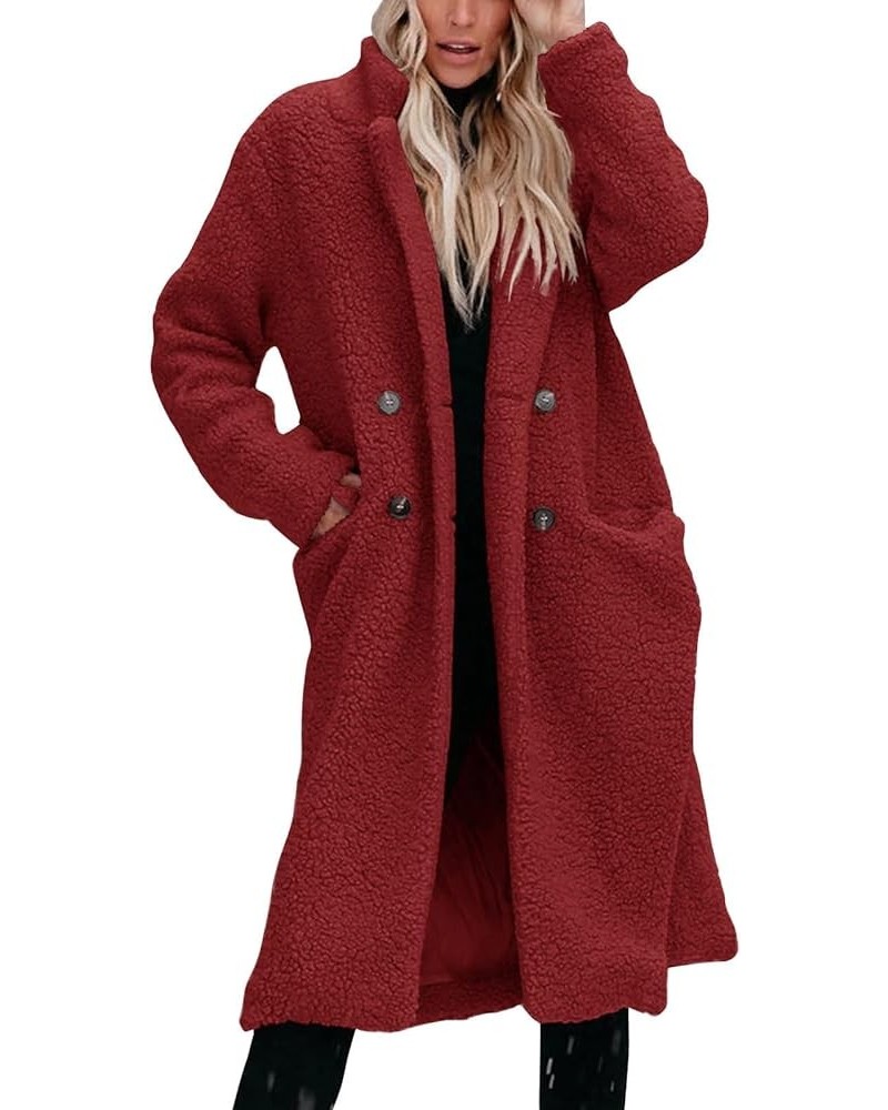 Womens Fuzzy Fleece Jacket Sherpa Trench Coat Trendy Double Breasted Open Front Long Cardigan with Pocket S-XXL Red $35.74 Ja...