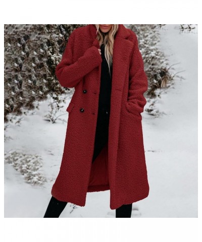 Womens Fuzzy Fleece Jacket Sherpa Trench Coat Trendy Double Breasted Open Front Long Cardigan with Pocket S-XXL Red $35.74 Ja...