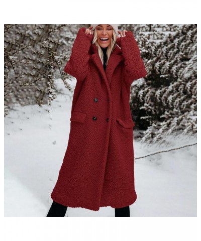 Womens Fuzzy Fleece Jacket Sherpa Trench Coat Trendy Double Breasted Open Front Long Cardigan with Pocket S-XXL Red $35.74 Ja...