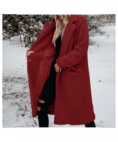 Womens Fuzzy Fleece Jacket Sherpa Trench Coat Trendy Double Breasted Open Front Long Cardigan with Pocket S-XXL Red $35.74 Ja...