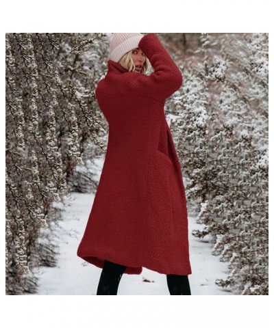 Womens Fuzzy Fleece Jacket Sherpa Trench Coat Trendy Double Breasted Open Front Long Cardigan with Pocket S-XXL Red $35.74 Ja...