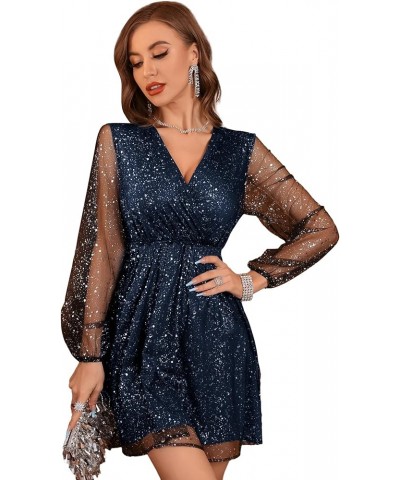 Women's Lantern Long Sleeve V Neck Mesh Cocktail Party Short Dress Without Belt Blue $24.90 Dresses