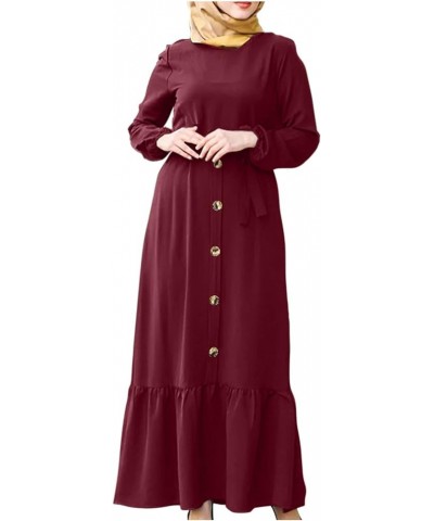 Women's Kaftan Abayas Muslim Dress Long Sleeve Islamic Robe Button Up Maxi Dress Floral Print Long Dubai Dress 3wine $8.30 Sw...