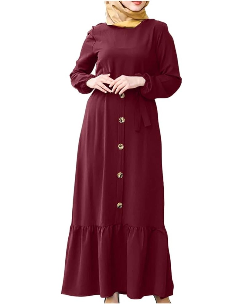 Women's Kaftan Abayas Muslim Dress Long Sleeve Islamic Robe Button Up Maxi Dress Floral Print Long Dubai Dress 3wine $8.30 Sw...