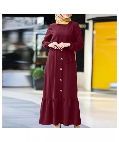 Women's Kaftan Abayas Muslim Dress Long Sleeve Islamic Robe Button Up Maxi Dress Floral Print Long Dubai Dress 3wine $8.30 Sw...