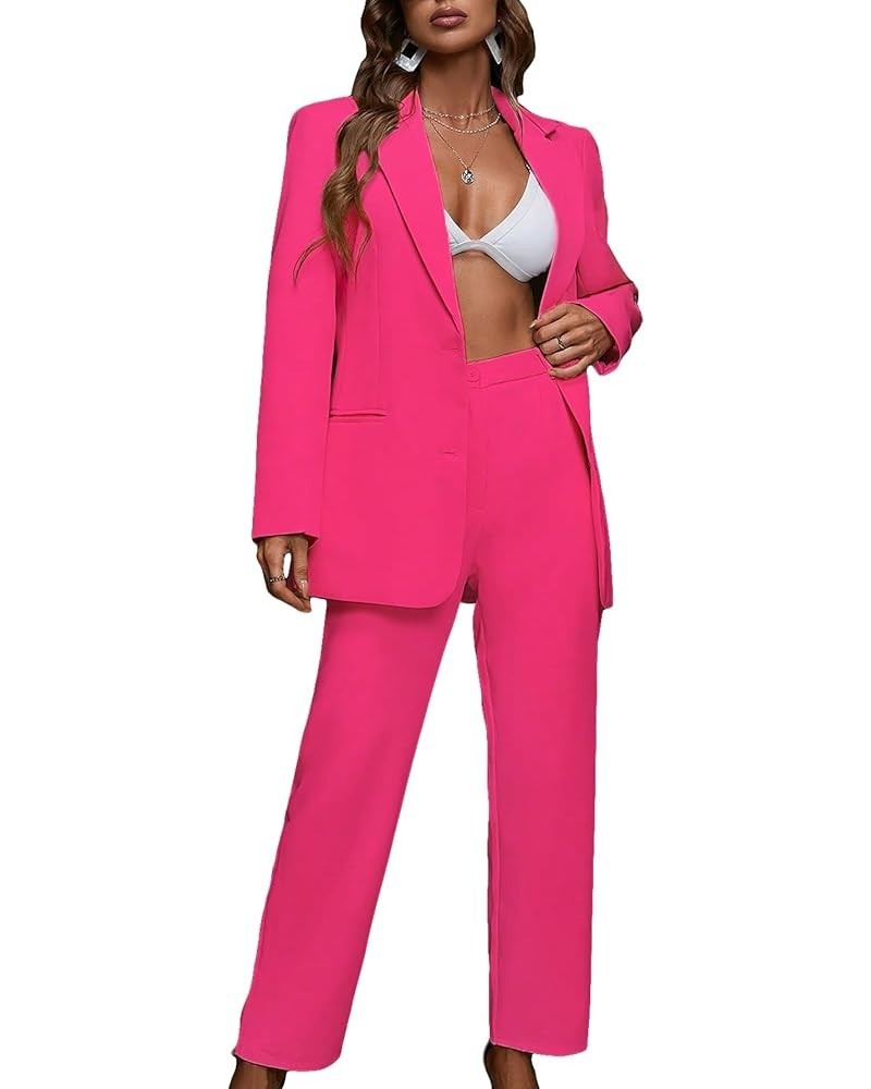 Women's 2 Piece Outfits Solid Button Down Lapel Blazer Jacket with Pants Office Suit Set Hot Pink $43.61 Suits