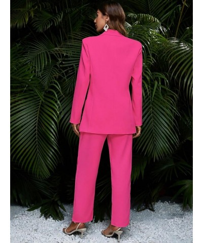 Women's 2 Piece Outfits Solid Button Down Lapel Blazer Jacket with Pants Office Suit Set Hot Pink $43.61 Suits