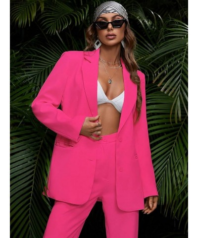 Women's 2 Piece Outfits Solid Button Down Lapel Blazer Jacket with Pants Office Suit Set Hot Pink $43.61 Suits