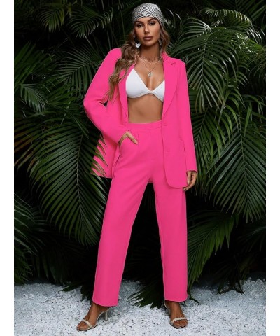 Women's 2 Piece Outfits Solid Button Down Lapel Blazer Jacket with Pants Office Suit Set Hot Pink $43.61 Suits