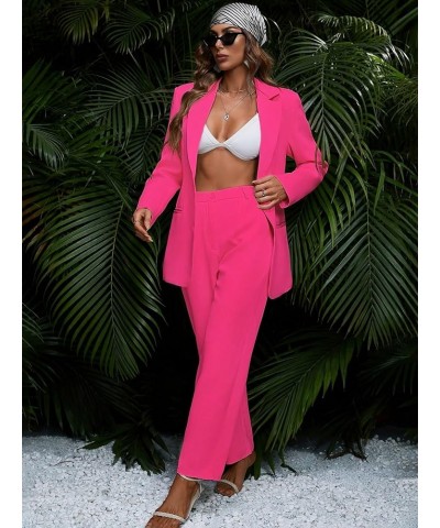 Women's 2 Piece Outfits Solid Button Down Lapel Blazer Jacket with Pants Office Suit Set Hot Pink $43.61 Suits