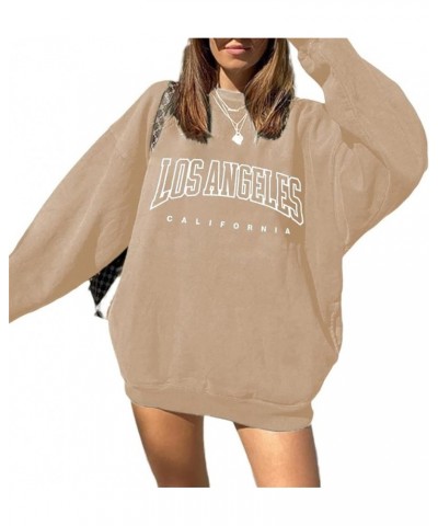 Womens Oversized Crewneck Sweatshirts Los Angles Graphic Long Sleeve Pullover Shirt Khaki $15.67 Hoodies & Sweatshirts