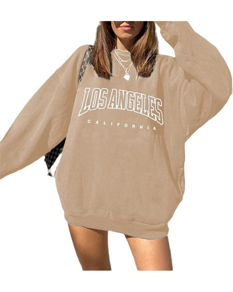 Womens Oversized Crewneck Sweatshirts Los Angles Graphic Long Sleeve Pullover Shirt Khaki $15.67 Hoodies & Sweatshirts