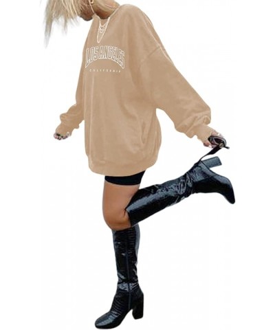 Womens Oversized Crewneck Sweatshirts Los Angles Graphic Long Sleeve Pullover Shirt Khaki $15.67 Hoodies & Sweatshirts