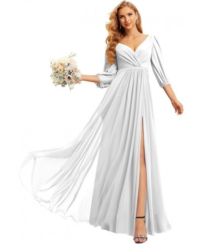 Chiffon Bridesmaid Dresses for Women with 3/4 Sleeves Long V Neck Formal Evening Dress with Slit CM137 White $36.91 Dresses