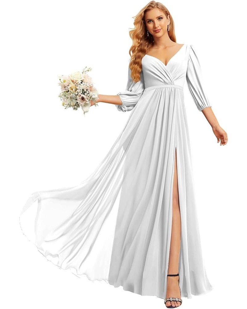 Chiffon Bridesmaid Dresses for Women with 3/4 Sleeves Long V Neck Formal Evening Dress with Slit CM137 White $36.91 Dresses