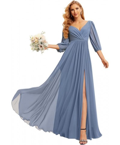 Chiffon Bridesmaid Dresses for Women with 3/4 Sleeves Long V Neck Formal Evening Dress with Slit CM137 White $36.91 Dresses