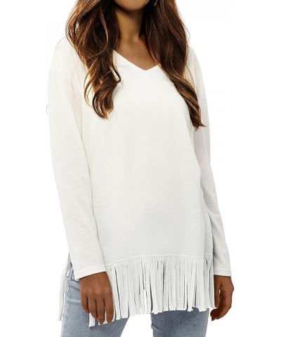 Women's Long Sleeve Fringe Hem Tunic Casual V-Neck Blouse Solid Shirt Tops White $13.05 Tops