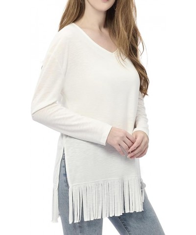 Women's Long Sleeve Fringe Hem Tunic Casual V-Neck Blouse Solid Shirt Tops White $13.05 Tops