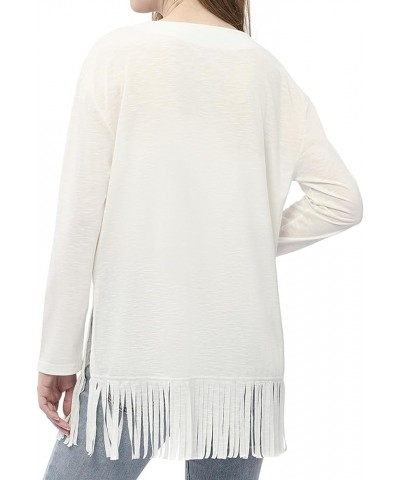 Women's Long Sleeve Fringe Hem Tunic Casual V-Neck Blouse Solid Shirt Tops White $13.05 Tops