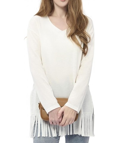 Women's Long Sleeve Fringe Hem Tunic Casual V-Neck Blouse Solid Shirt Tops White $13.05 Tops