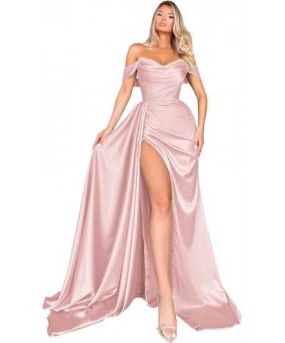 Off Shoulder Prom Dresses for Women 2024 Satin Bridesmaid Dress Long with Train Formal Evening Party Gown with Slit DR0005 Bl...