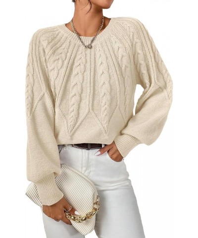 Women's Cable Knit Crew Neck Lantern Sleeve Casual Sweater Pullover Jumper Apricot $18.61 Sweaters