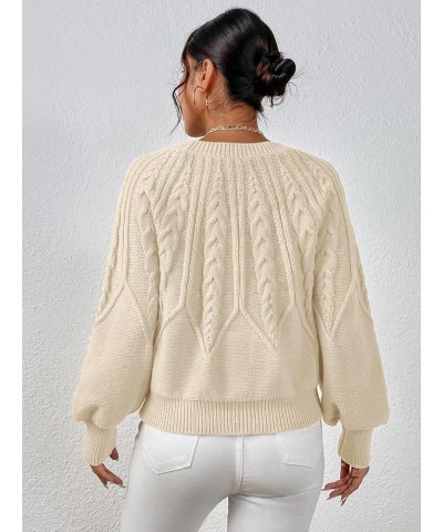 Women's Cable Knit Crew Neck Lantern Sleeve Casual Sweater Pullover Jumper Apricot $18.61 Sweaters