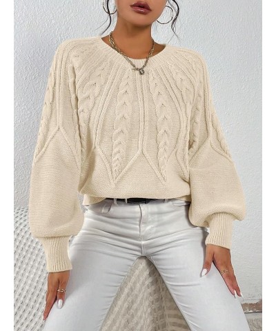 Women's Cable Knit Crew Neck Lantern Sleeve Casual Sweater Pullover Jumper Apricot $18.61 Sweaters