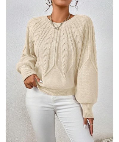 Women's Cable Knit Crew Neck Lantern Sleeve Casual Sweater Pullover Jumper Apricot $18.61 Sweaters