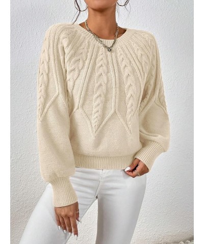 Women's Cable Knit Crew Neck Lantern Sleeve Casual Sweater Pullover Jumper Apricot $18.61 Sweaters