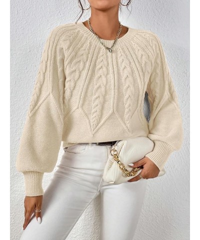 Women's Cable Knit Crew Neck Lantern Sleeve Casual Sweater Pullover Jumper Apricot $18.61 Sweaters