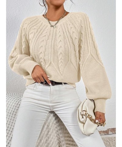 Women's Cable Knit Crew Neck Lantern Sleeve Casual Sweater Pullover Jumper Apricot $18.61 Sweaters