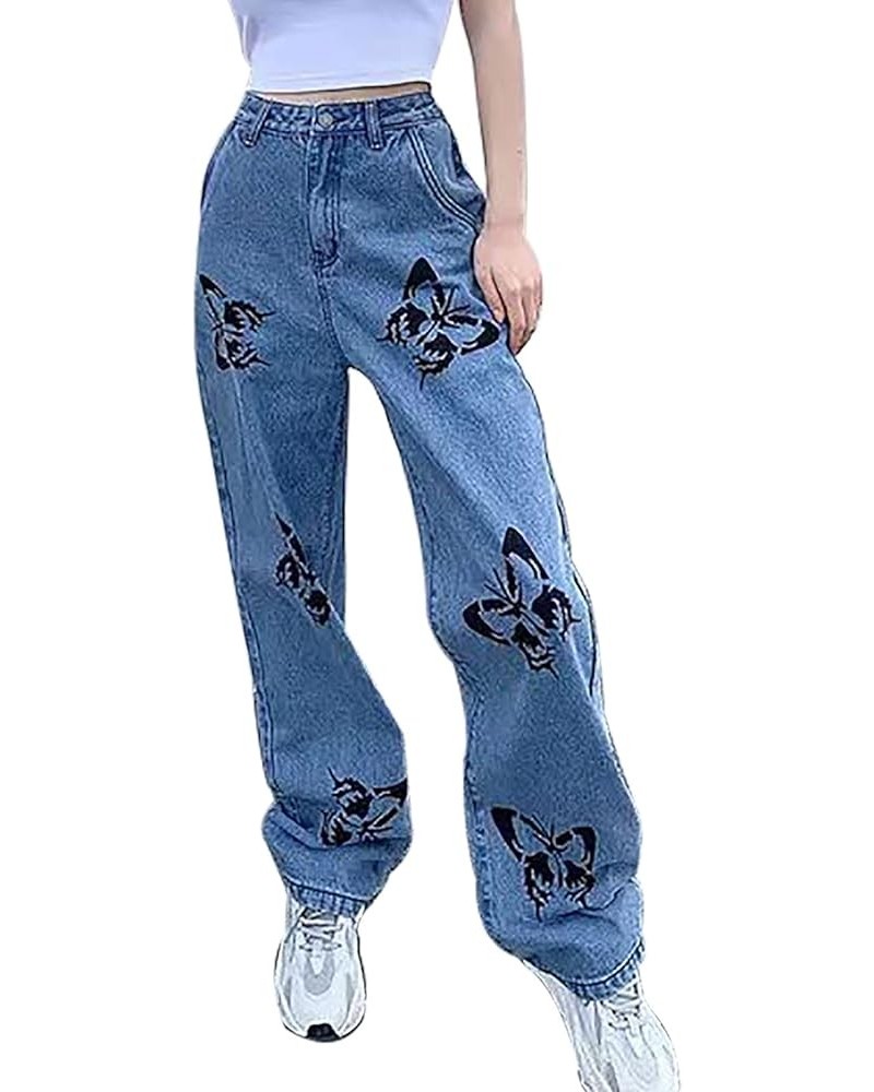 Womens Zipper Graphic Pants Gothic Animal Print Denim Black High Waist Punk Trousers Animal Print Blue $17.93 Jeans