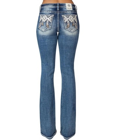 Women's Mid-Rise Southwestern Feathers Embellished Pockets Slim Boot Jeans Dark Blue $54.04 Jeans