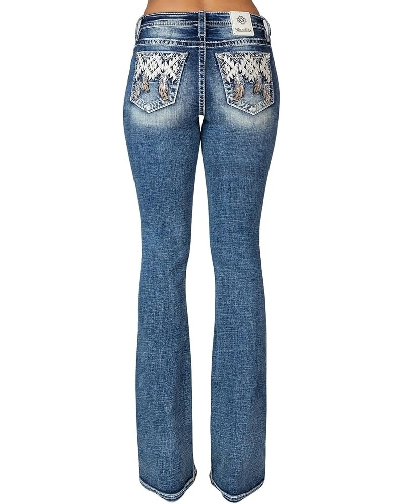 Women's Mid-Rise Southwestern Feathers Embellished Pockets Slim Boot Jeans Dark Blue $54.04 Jeans