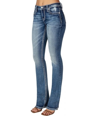 Women's Mid-Rise Southwestern Feathers Embellished Pockets Slim Boot Jeans Dark Blue $54.04 Jeans