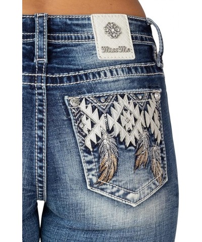 Women's Mid-Rise Southwestern Feathers Embellished Pockets Slim Boot Jeans Dark Blue $54.04 Jeans