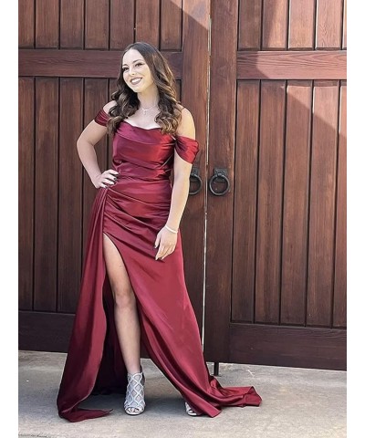 Off Shoulder Prom Dresses for Women 2024 Satin Bridesmaid Dress Long with Train Formal Evening Party Gown with Slit DR0005 Bl...