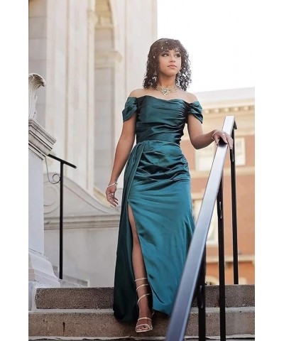 Off Shoulder Prom Dresses for Women 2024 Satin Bridesmaid Dress Long with Train Formal Evening Party Gown with Slit DR0005 Bl...