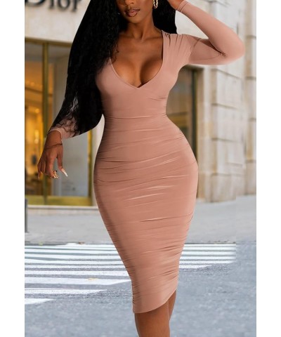 Women's Sexy Bodycon Dress Deep V Neck Ruched Long Sleeve Midi Business Pencil Dress F-light Pink $20.29 Swimsuits