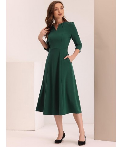 Women's 2024 Spring Summer 3/4 Sleeve V Neck Pockets Elegant Work A-Line Dress Dark Green $26.96 Dresses