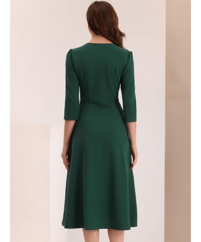 Women's 2024 Spring Summer 3/4 Sleeve V Neck Pockets Elegant Work A-Line Dress Dark Green $26.96 Dresses