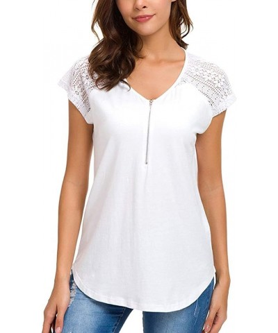 Womens Short Sleeve Zip up Tunic Lace Shoulder Casual Fitting Shirt Blouse Tops White $13.80 Blouses