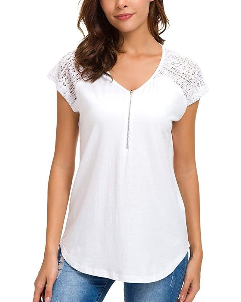 Womens Short Sleeve Zip up Tunic Lace Shoulder Casual Fitting Shirt Blouse Tops White $13.80 Blouses