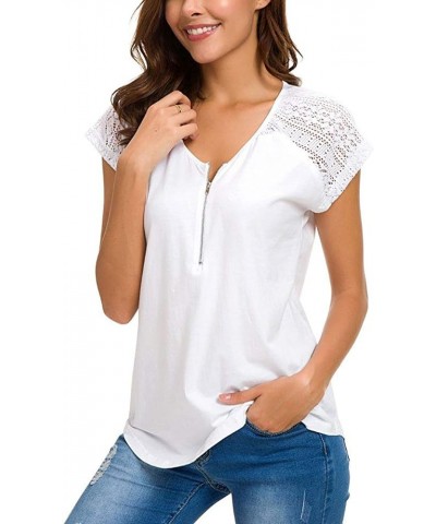 Womens Short Sleeve Zip up Tunic Lace Shoulder Casual Fitting Shirt Blouse Tops White $13.80 Blouses