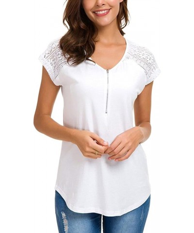 Womens Short Sleeve Zip up Tunic Lace Shoulder Casual Fitting Shirt Blouse Tops White $13.80 Blouses