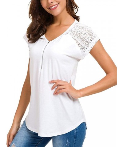 Womens Short Sleeve Zip up Tunic Lace Shoulder Casual Fitting Shirt Blouse Tops White $13.80 Blouses